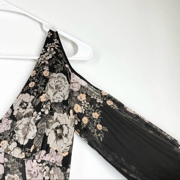 FREE PEOPLE Penny Lover Mini Dress Floral Cold Shoulder Grey Pink Black Sheer XS - Picture 3 of 11